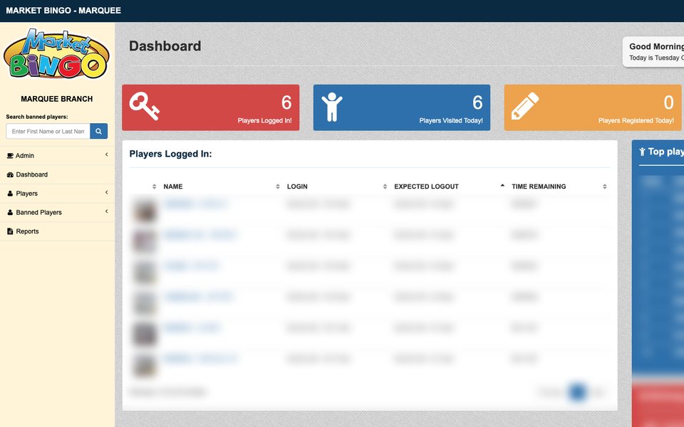 Dashboard of Market Bingo – Marquee Branch
